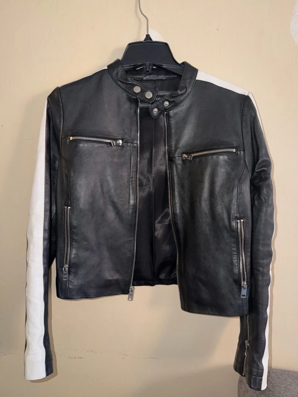 Wilsons Leather Black Leather Jacket with White Sleeve Stripes - Picture 2 of 10